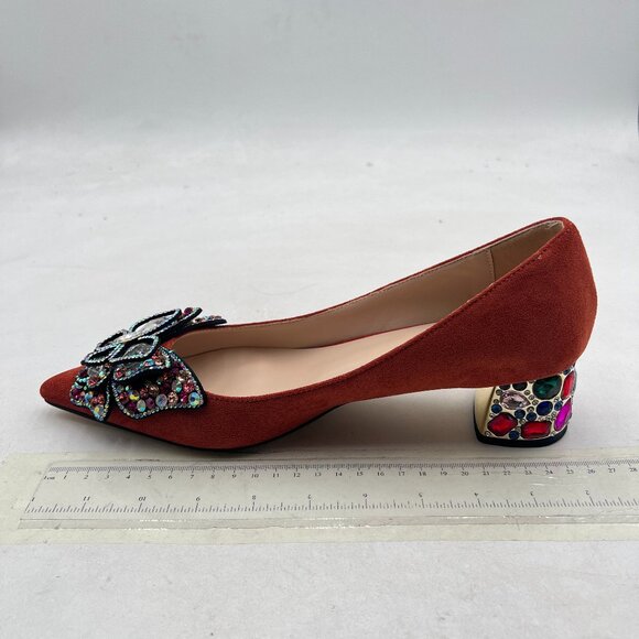 YDN Brown Suede Pointed Toe Bow Pumps Rhinestone Block Low Heel Butterfly Shoes - Picture 2 of 8